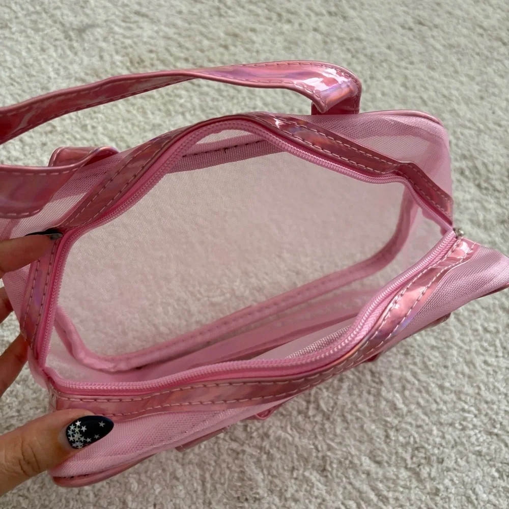 Beauty Cosmetic Travel Bag Set - Pink Transparent & Red